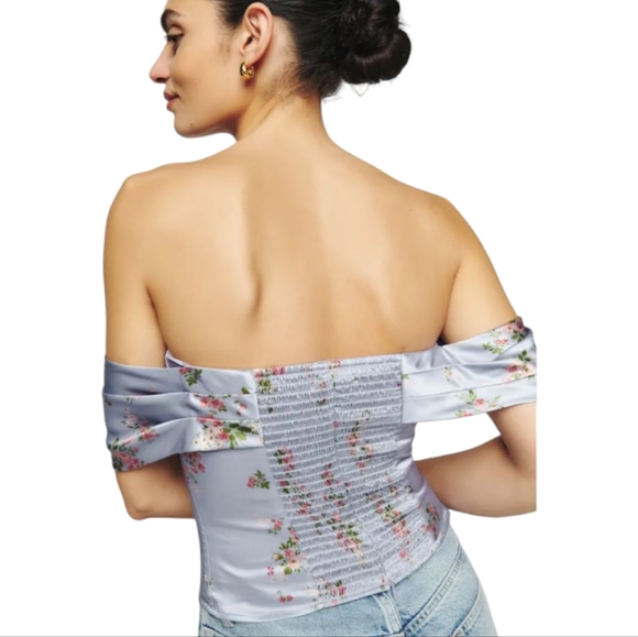 NWT Reformation Lux Silk Top Melba Lavender Floral Print Off Shoulder Size 0 - Picture 3 of 6